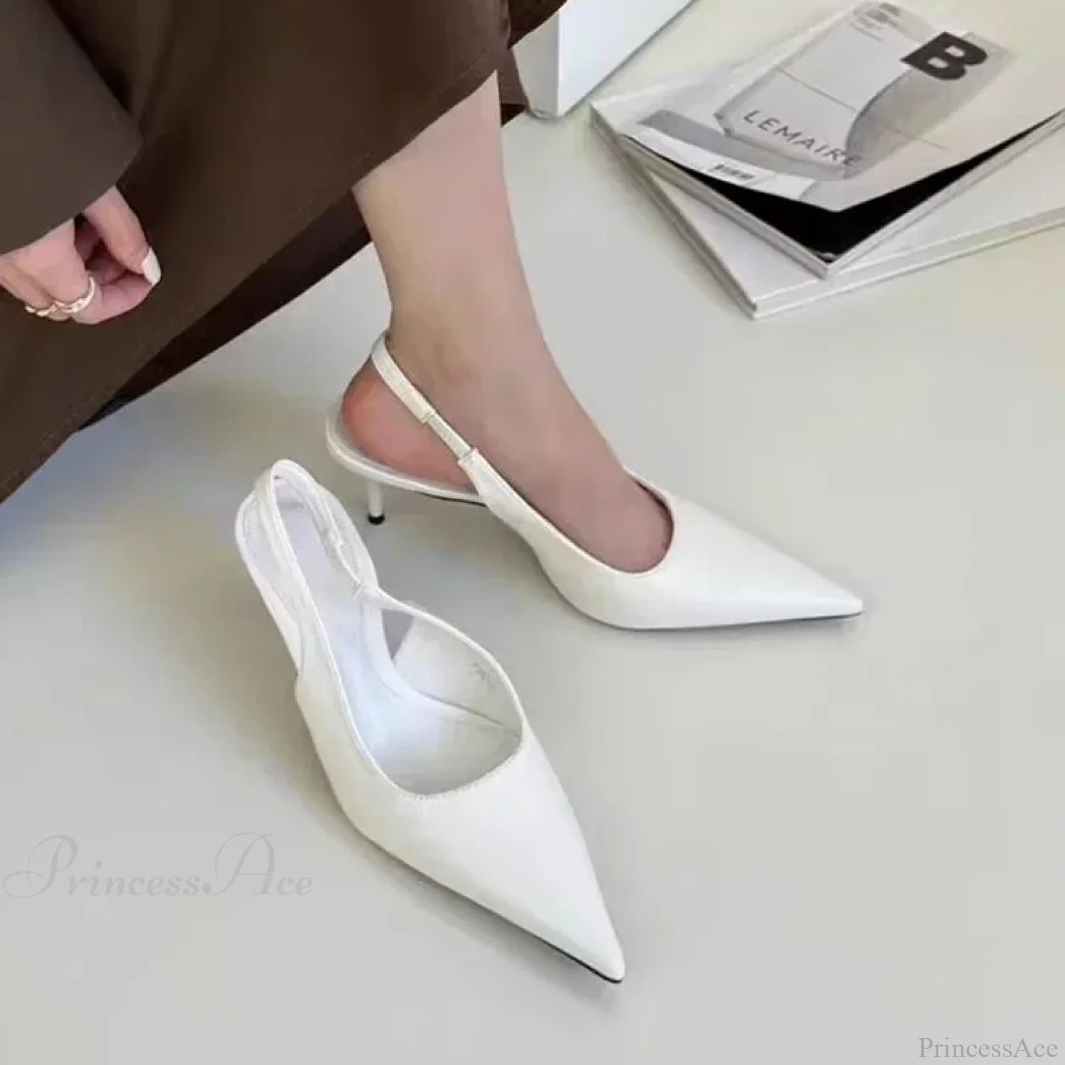 Elegant Silver Slingbacks Pointed Party Solid Thin Heeled Low Heel Pump Beige / 35