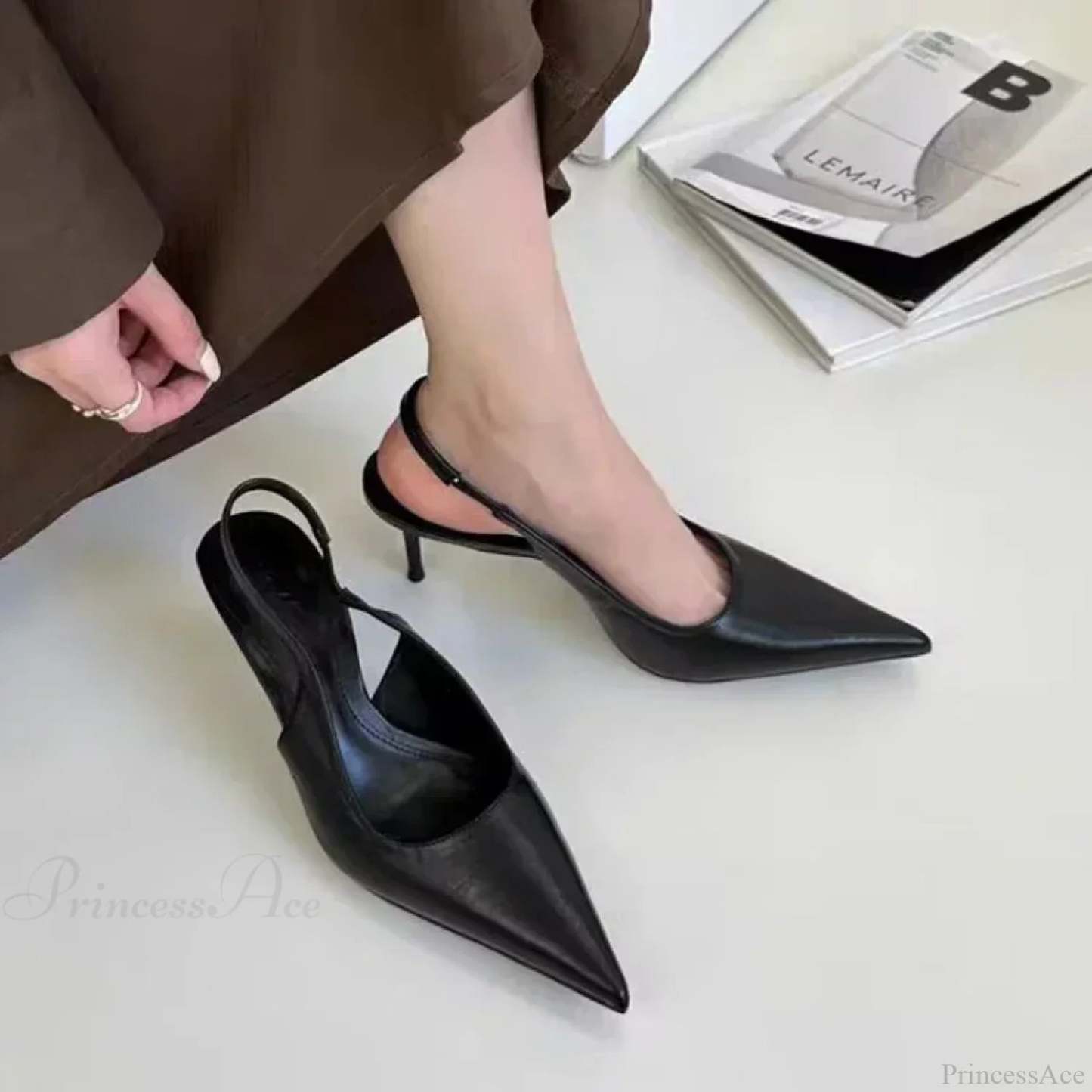 Elegant Silver Slingbacks Pointed Party Solid Thin Heeled Low Heel Pump Black / 35