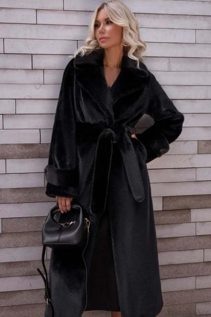 Elegant Thickened Plush Faux Fur Overcoat Black / S