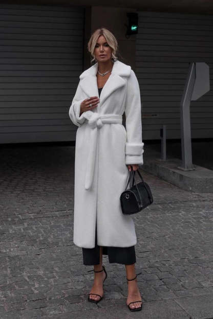 Elegant Thickened Plush Faux Fur Overcoat White / S