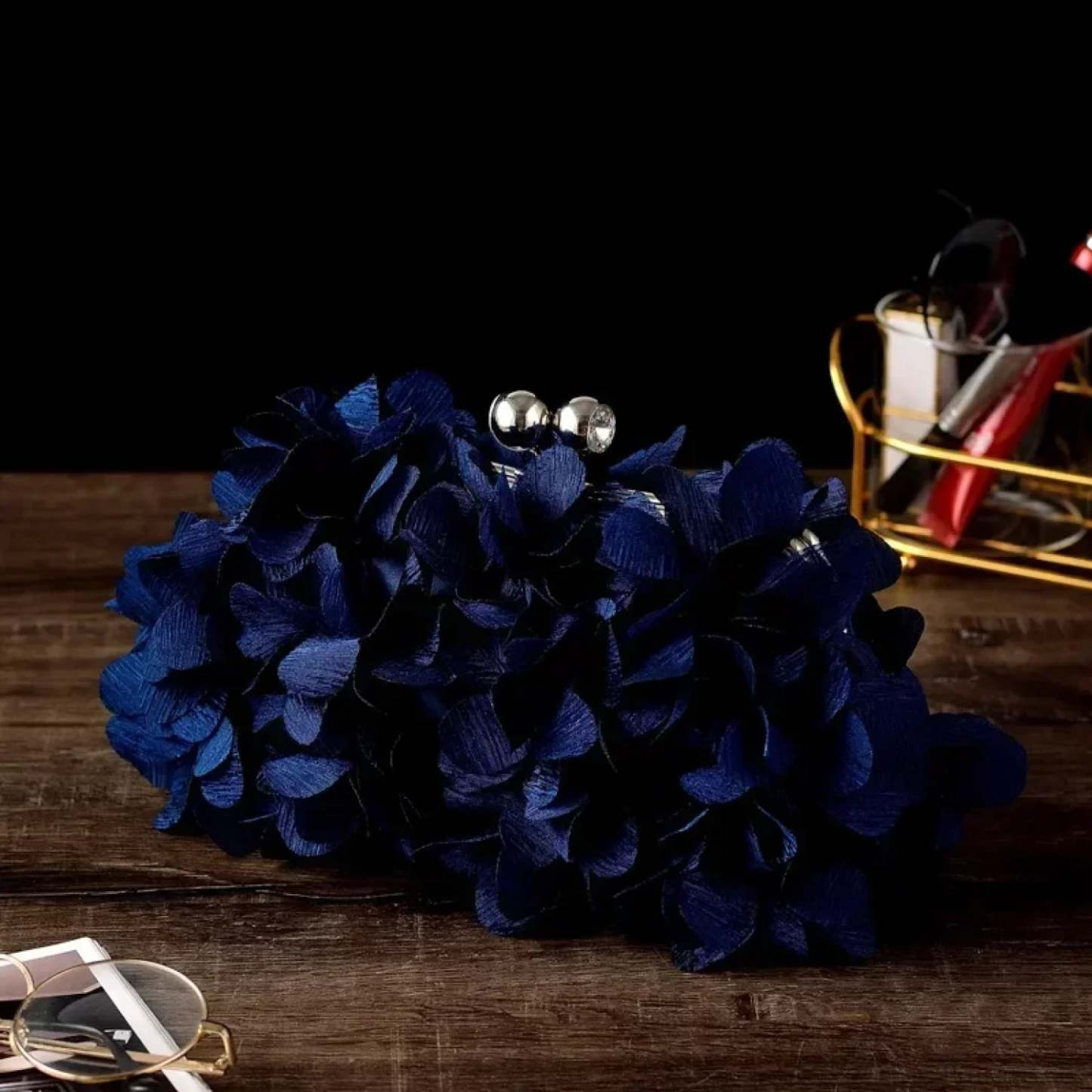 Elegant White Bride Floral Wedding Clutch Evening Handbag Dark Blue clutchbag-250126