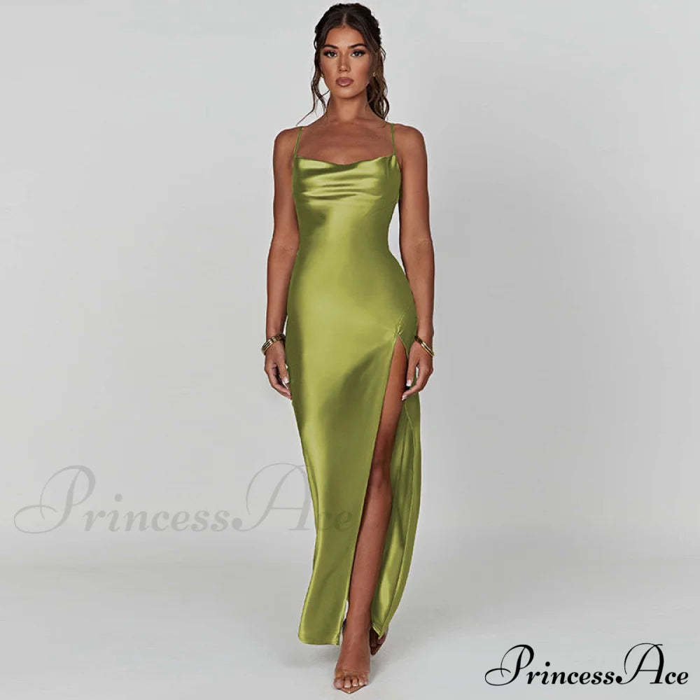 Elegant Women Satin V-Neck Low Cut Spaghetti Strap Backless Ruched High Split Party Female Vestidos