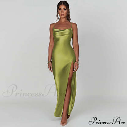 Elegant Women Satin V-Neck Low Cut Spaghetti Strap Backless Ruched High Split Party Female Vestidos