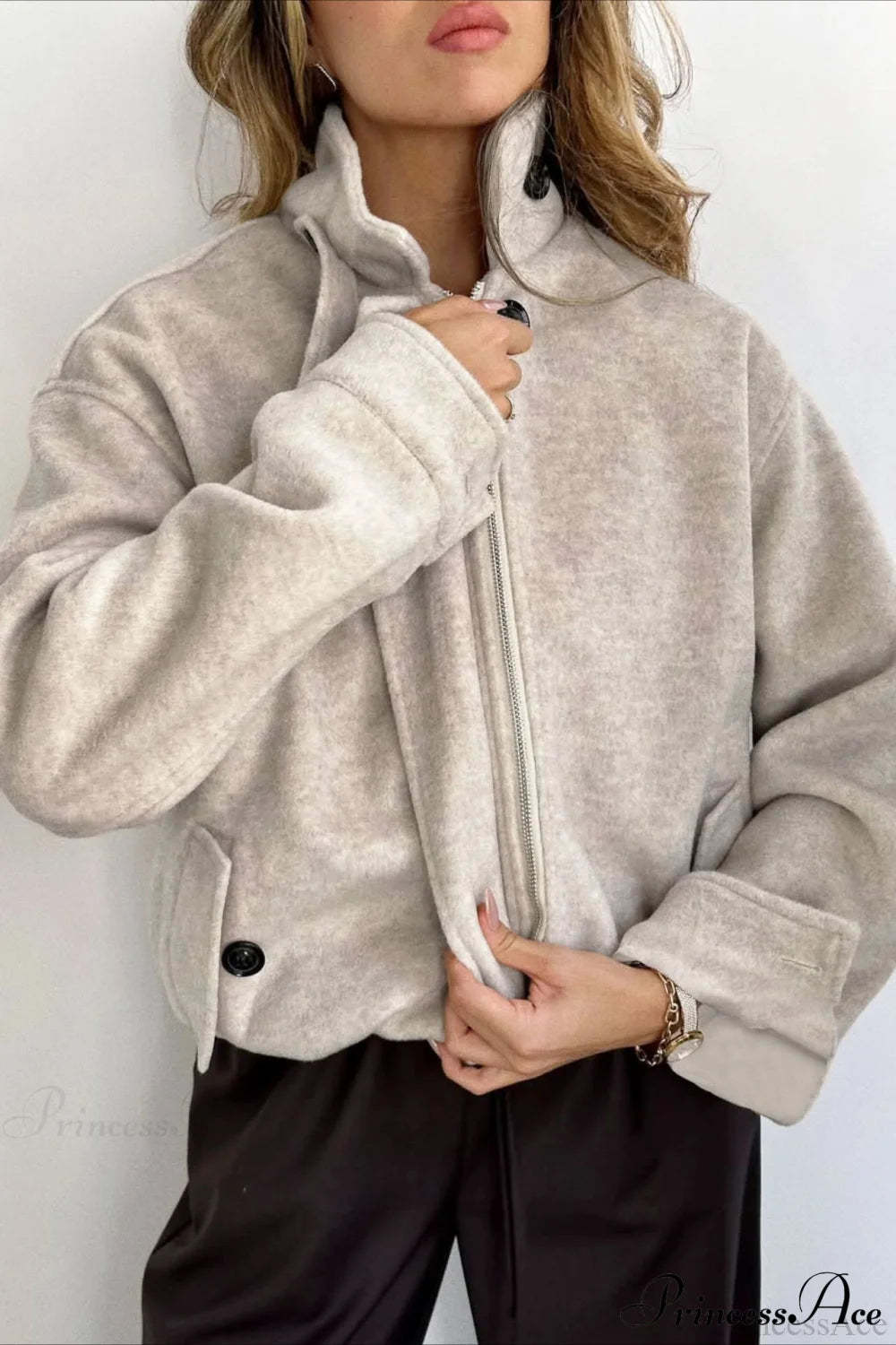 Elegant Wool Zip Short Loose Coat