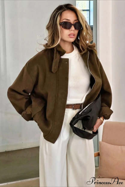 Elegant Wool Zip Short Loose Coat Brown / S