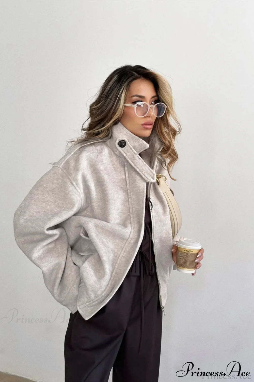 Elegant Wool Zip Short Loose Coat Khaki / S