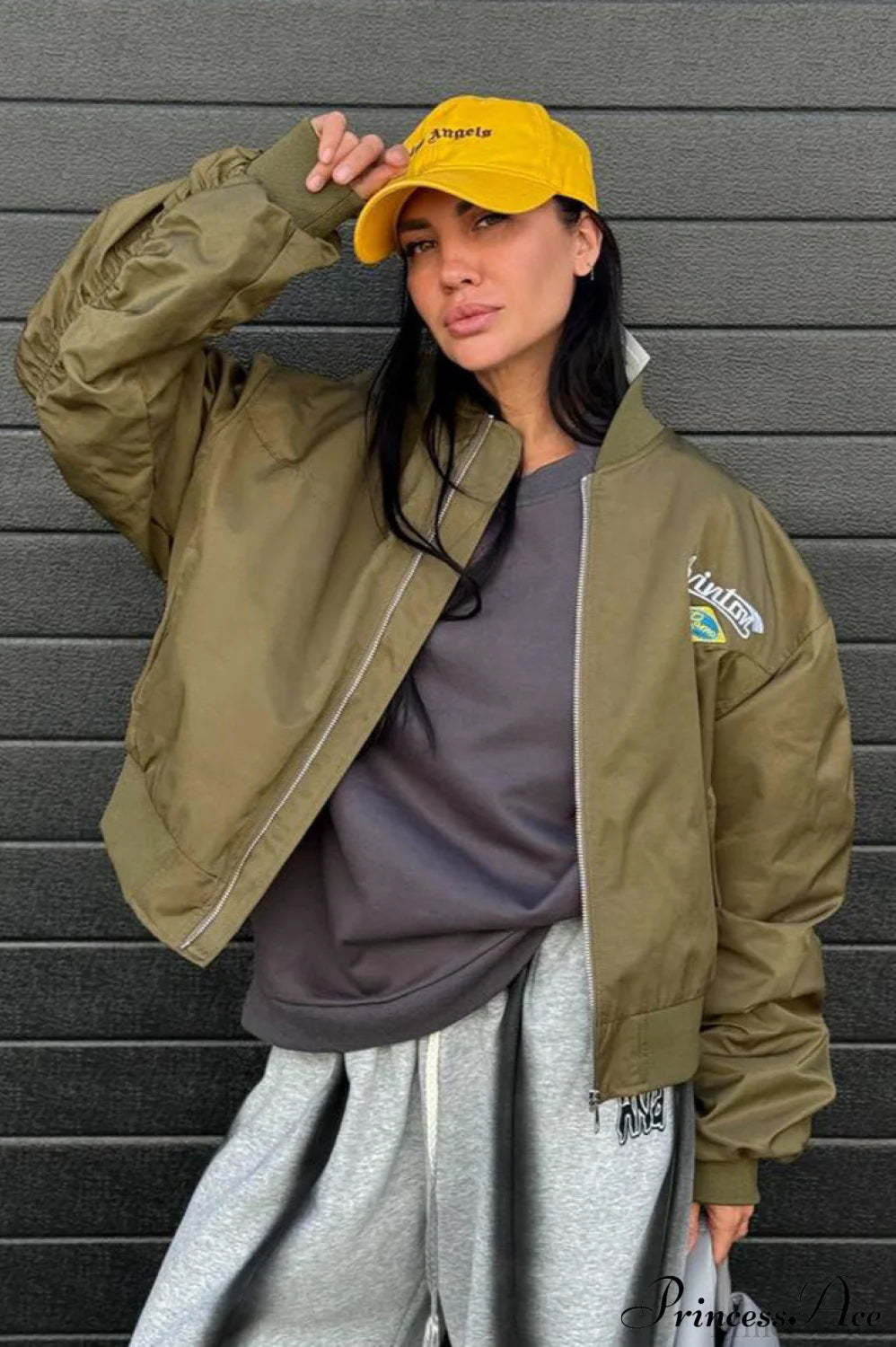 Embroidered Loose Bomber Long Sleeve High End Green Jacket Green / S