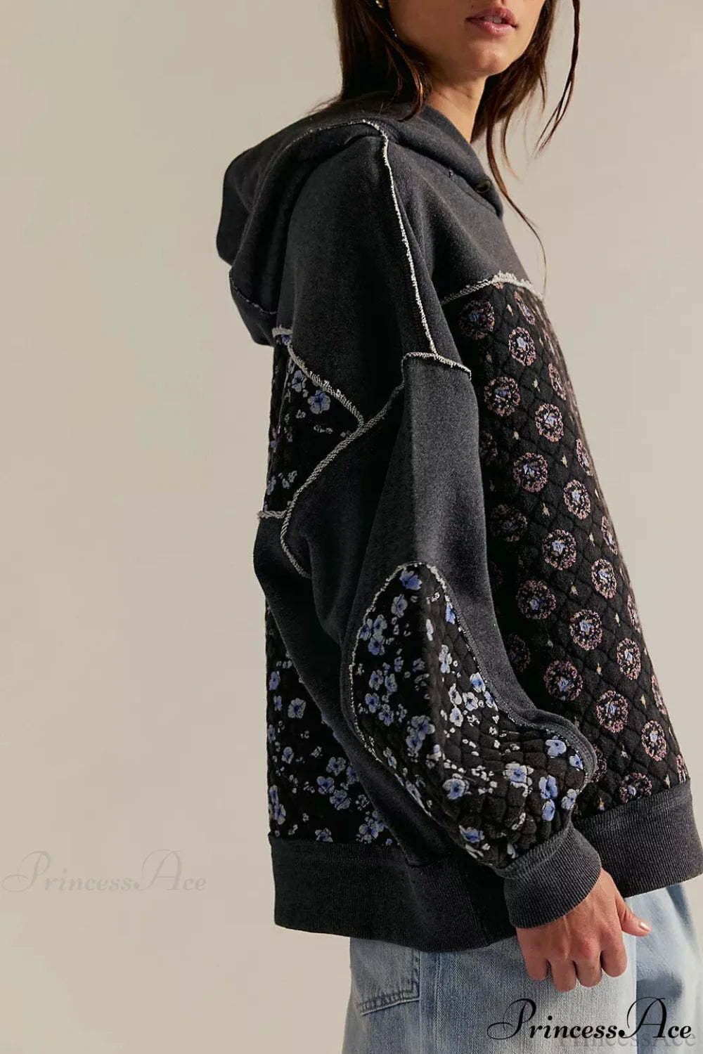 Embroidered Panel Design Casual Pullover Hoodie