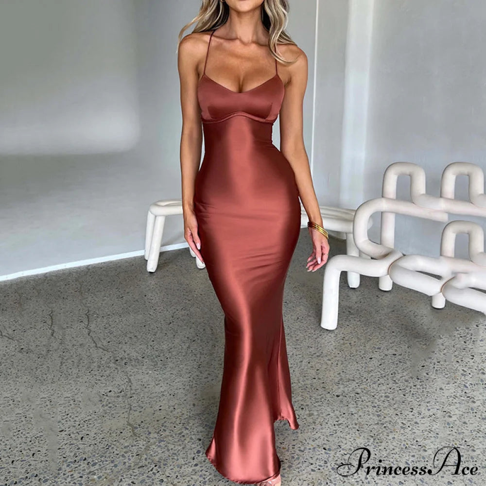 Emilia Draped Stylish Satin Gown Brown / S S.o. Long Dresses