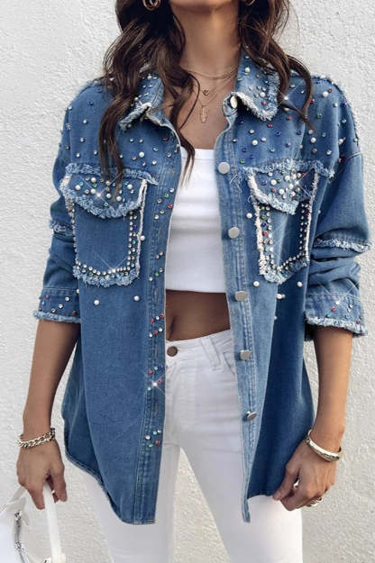 Beaded Contrast Denim Long Sleeve Coat coats
