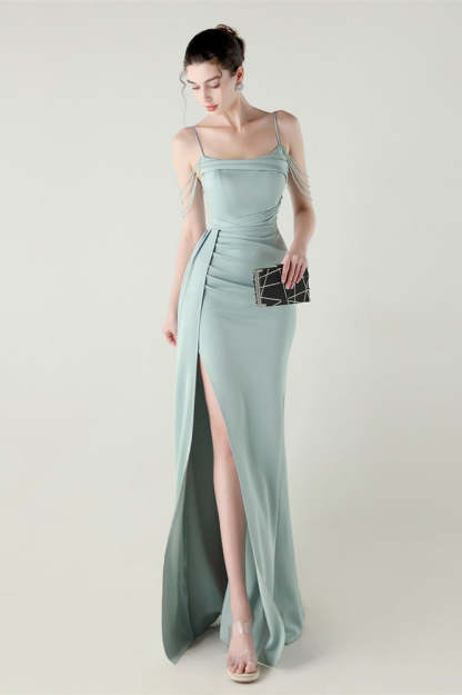 Satin Spaghetti Strap Mermaid Party Dress Light Green / S