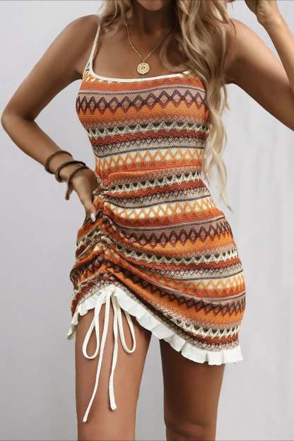 Colorful Strappy Knit Boho Dress Orange / S