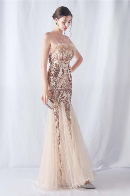 Ostrich Feather Sequin Evening Party Dress