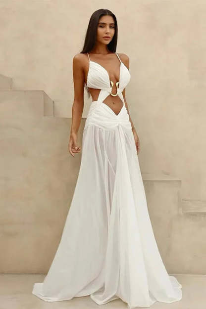 Mesh Hollow Out Boho Dress White / S