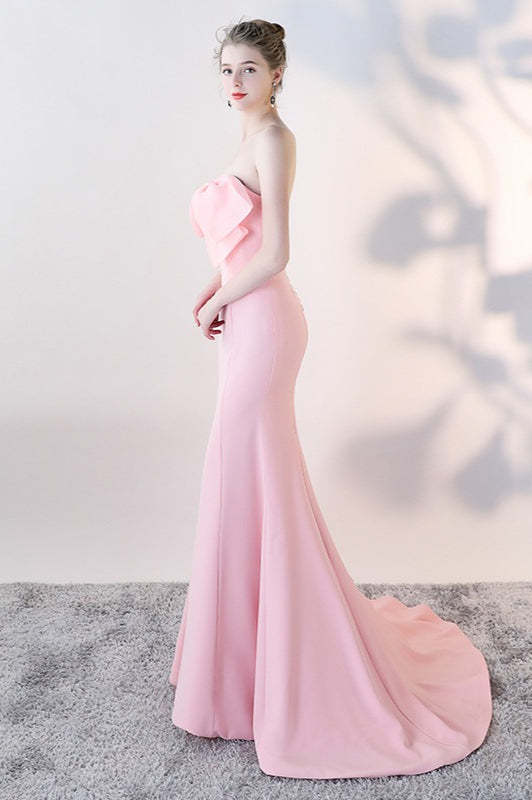 Bow Strapless Mermaid Maxi Party Dress Pink / S