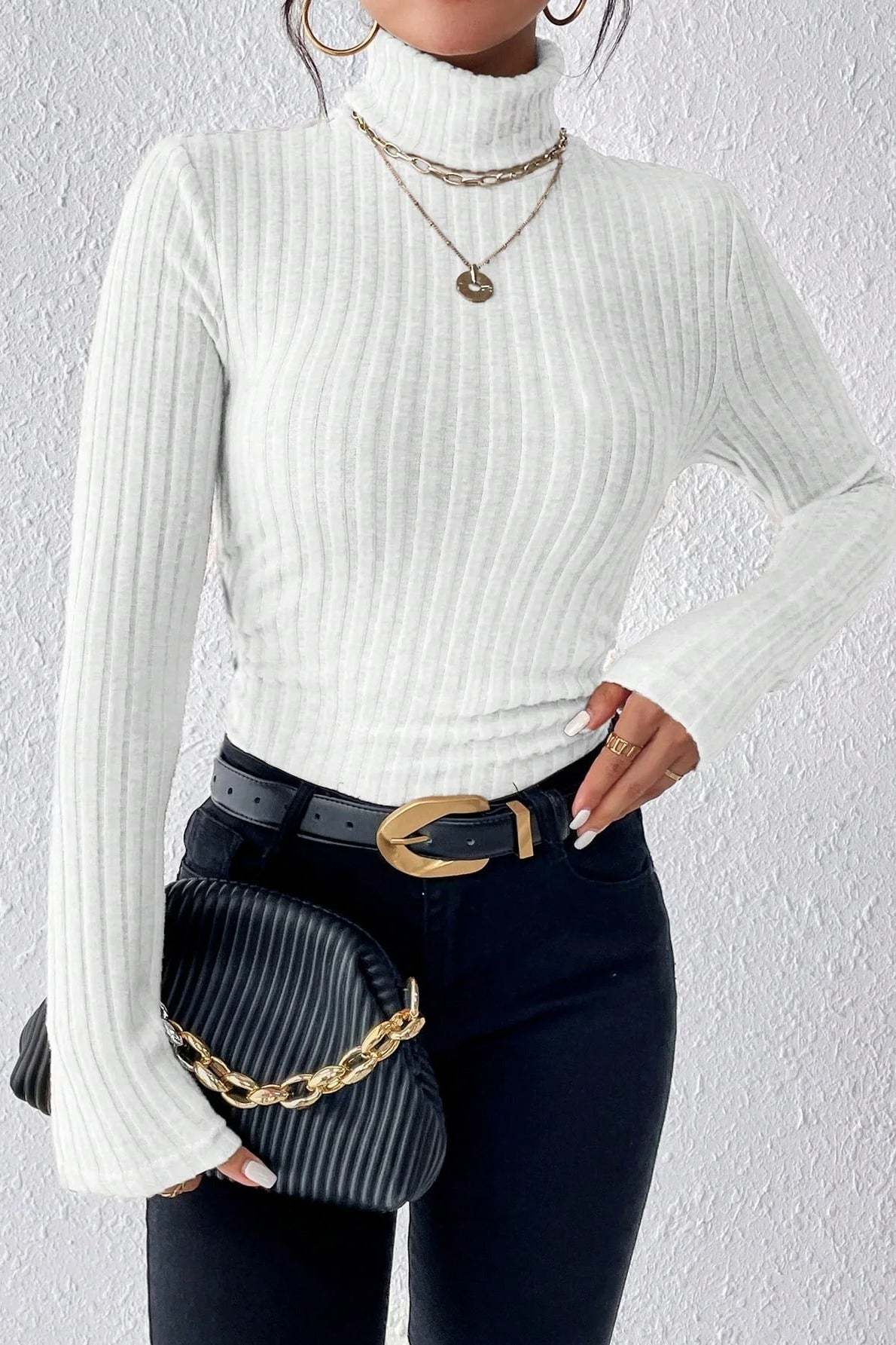 Fitted Long Sleeve Mock Neck Sweater White / S
