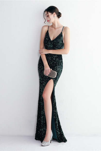 Elegant Velvet Sequin Party Dress Green / S
