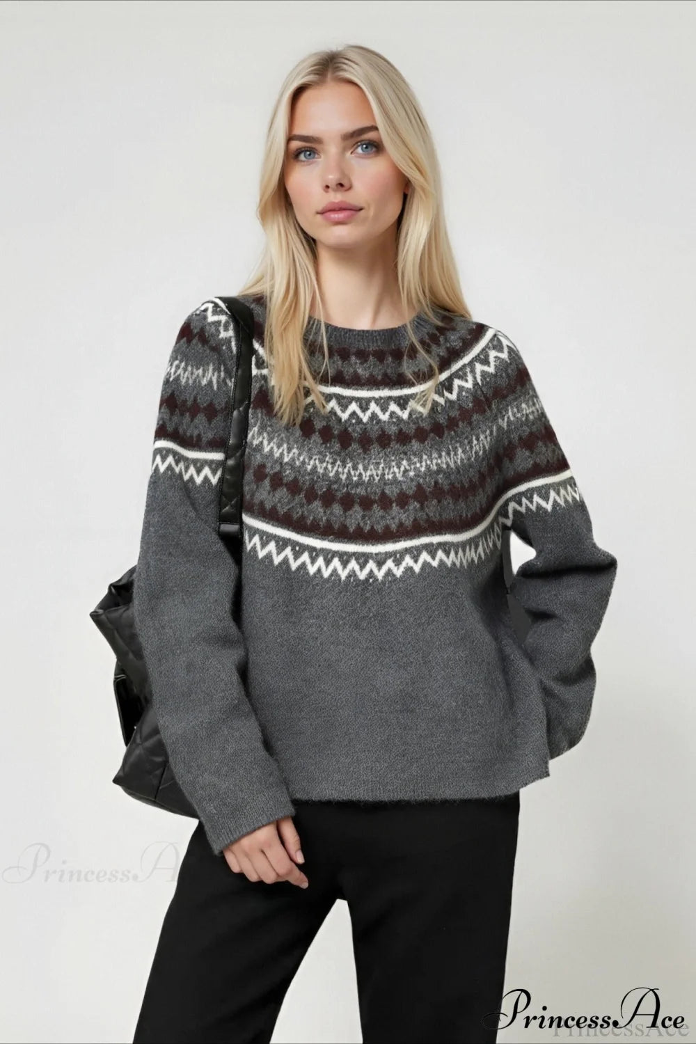 Fair Isle Loose Crewneck Plus Size Knit Sweater Grey / One Size