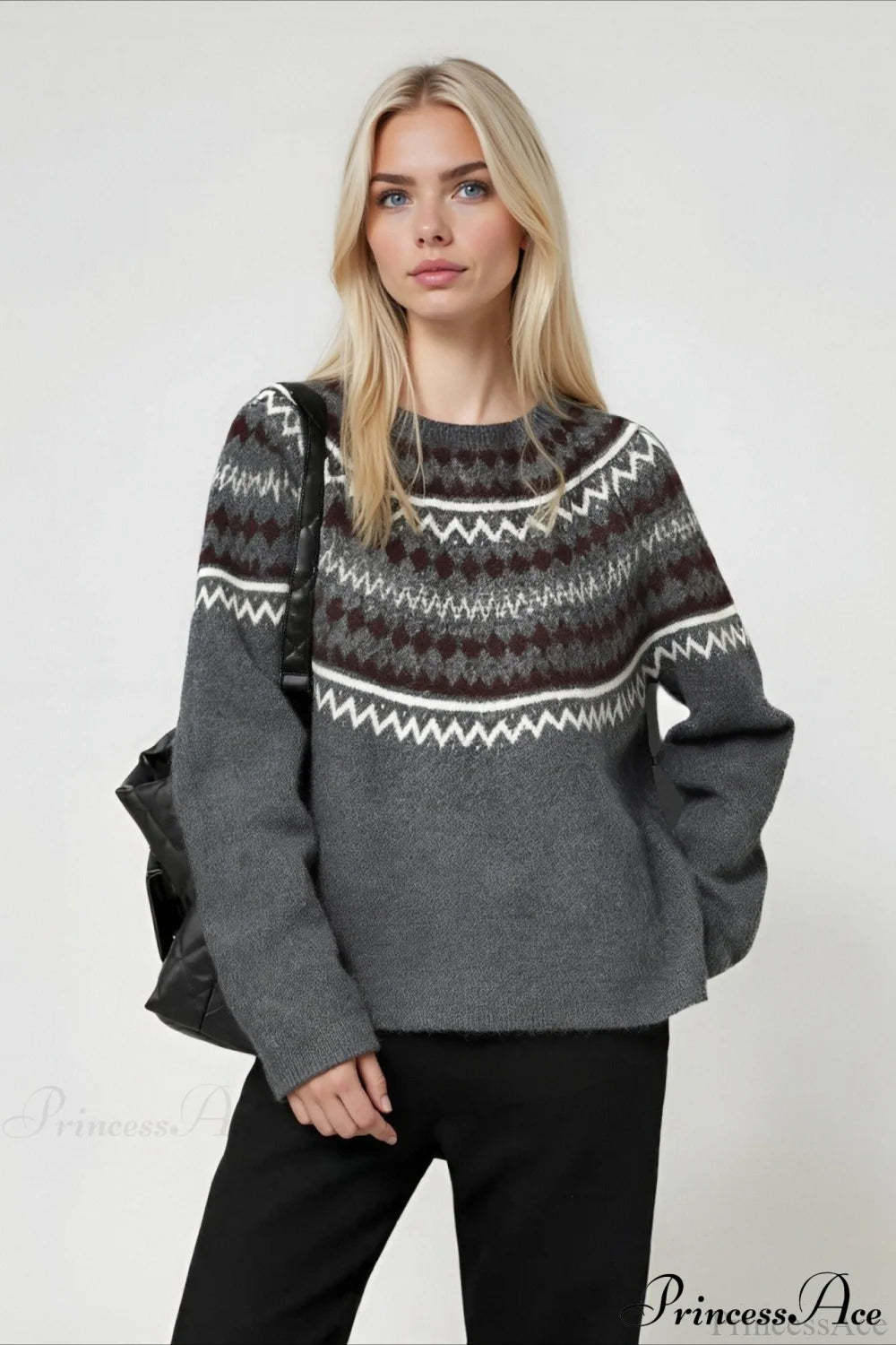 Fair Isle Loose Crewneck Plus Size Knit Sweater Grey / One Size