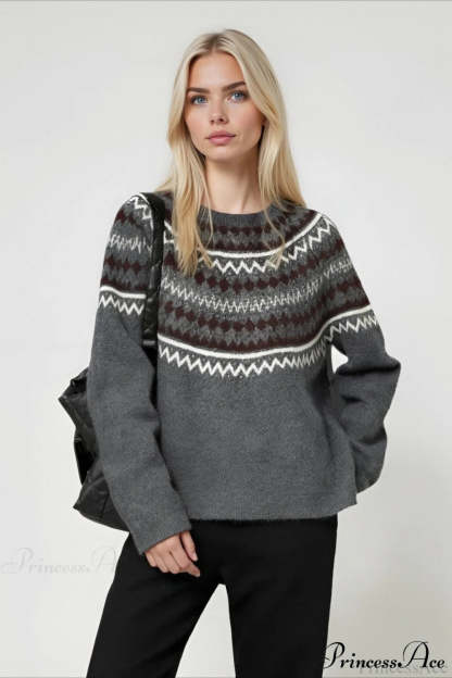 Fair Isle Loose Crewneck Plus Size Knit Sweater Grey / One Size