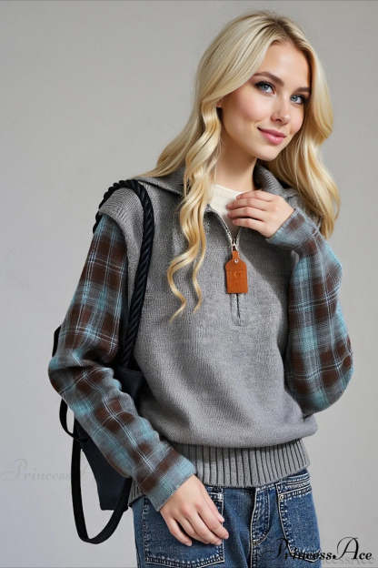 Fake Two Piece Plaid Contrast Half Zip Collared Sweater