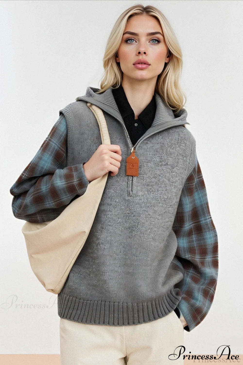 Fake Two Piece Plaid Contrast Half Zip Collared Sweater