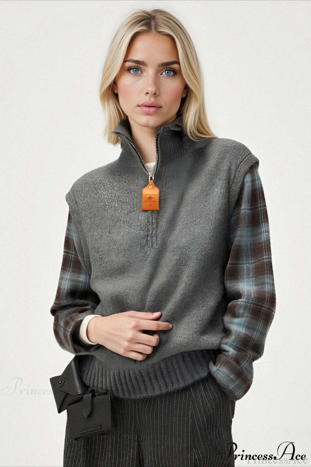 Fake Two Piece Plaid Contrast Half Zip Collared Sweater