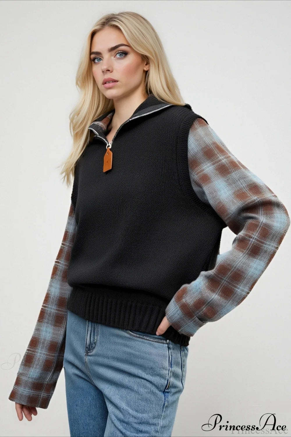 Fake Two Piece Plaid Contrast Half Zip Collared Sweater