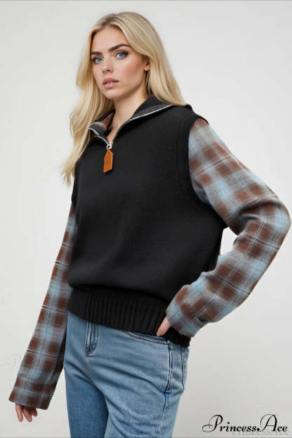 Fake Two Piece Plaid Contrast Half Zip Collared Sweater
