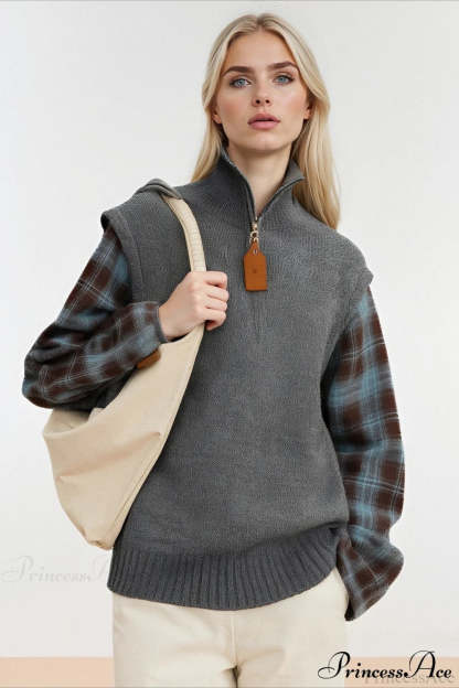 Fake Two Piece Plaid Contrast Half Zip Collared Sweater