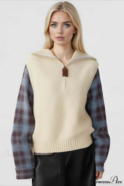 Fake Two Piece Plaid Contrast Half Zip Collared Sweater Beige / One Size