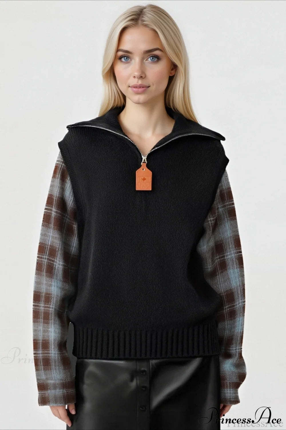 Fake Two Piece Plaid Contrast Half Zip Collared Sweater Black / One Size