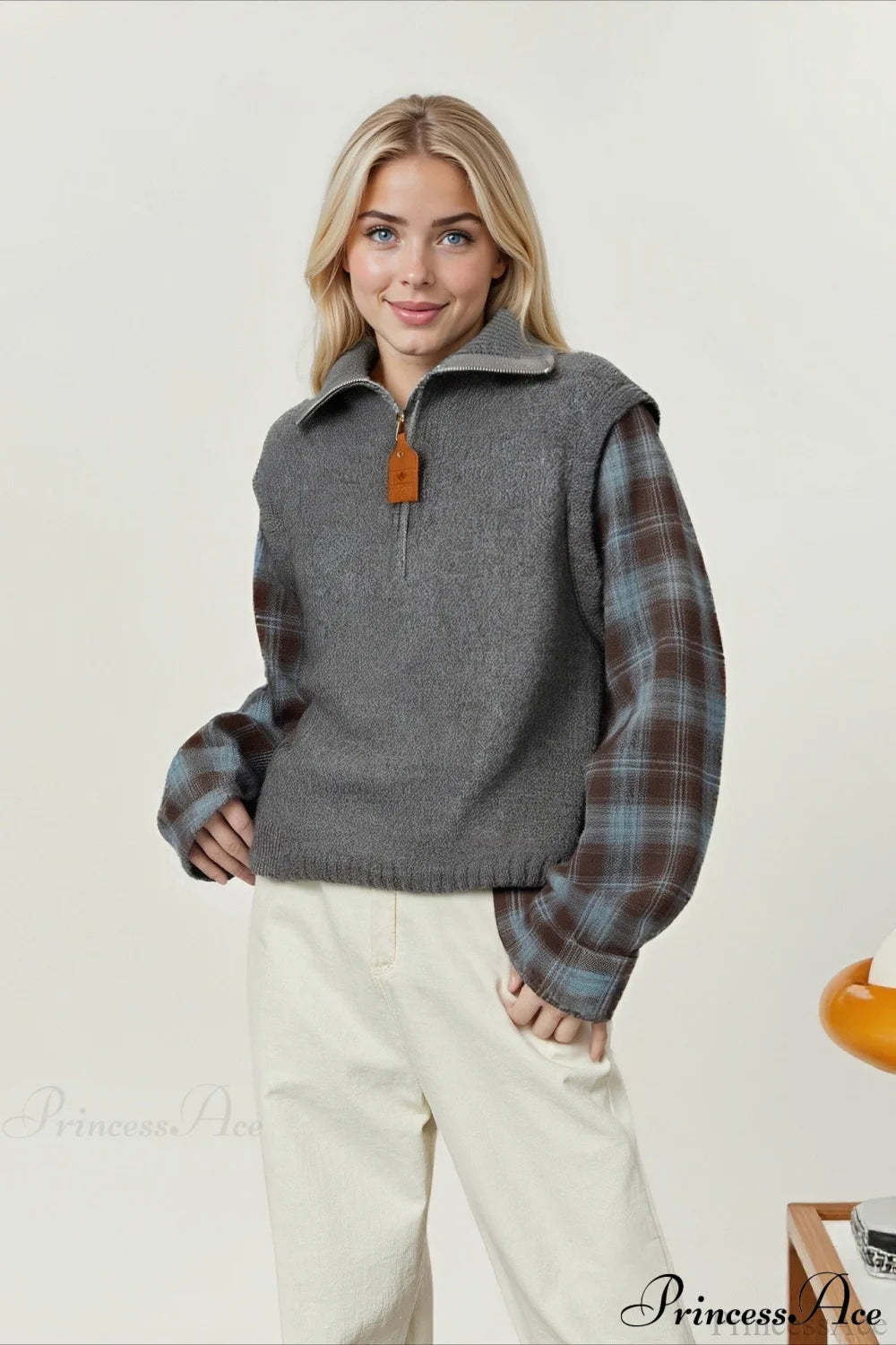 Fake Two Piece Plaid Contrast Half Zip Collared Sweater Dark Gray / One Size