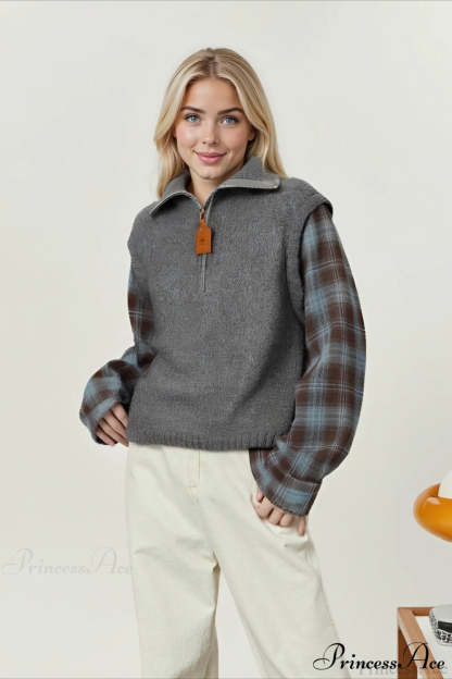 Fake Two Piece Plaid Contrast Half Zip Collared Sweater Dark Gray / One Size