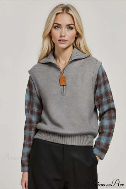 Fake Two Piece Plaid Contrast Half Zip Collared Sweater Light Gray / One Size