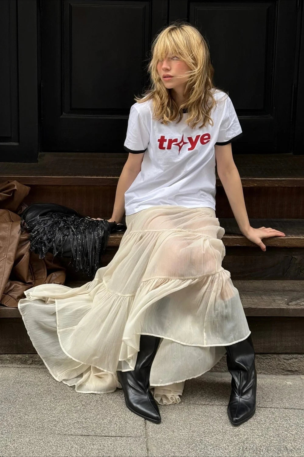 Fashion Patchwork Long Skirt Beige / S