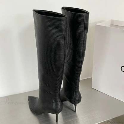 Fashion Pointed Designer Modern Party Western Long Thin Low Heel Knee High Boot