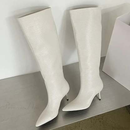 Fashion Pointed Designer Modern Party Western Long Thin Low Heel Knee High Boot Beige / 5(foot 225mm)