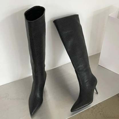 Fashion Pointed Designer Modern Party Western Long Thin Low Heel Knee High Boot Black / 5(foot 225mm)