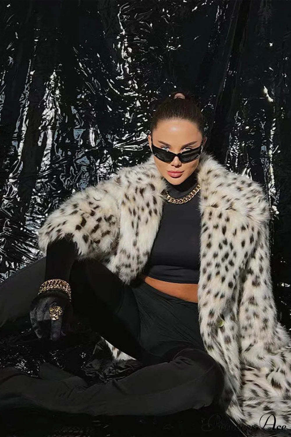 Faux Fox Fur Leopard Print Long Lapel Overcoat