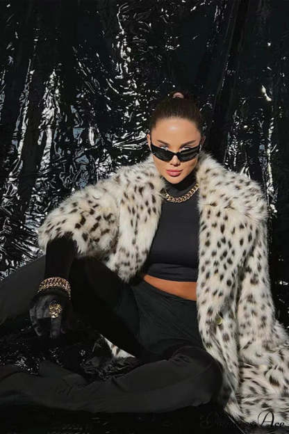 Faux Fox Fur Leopard Print Long Lapel Overcoat