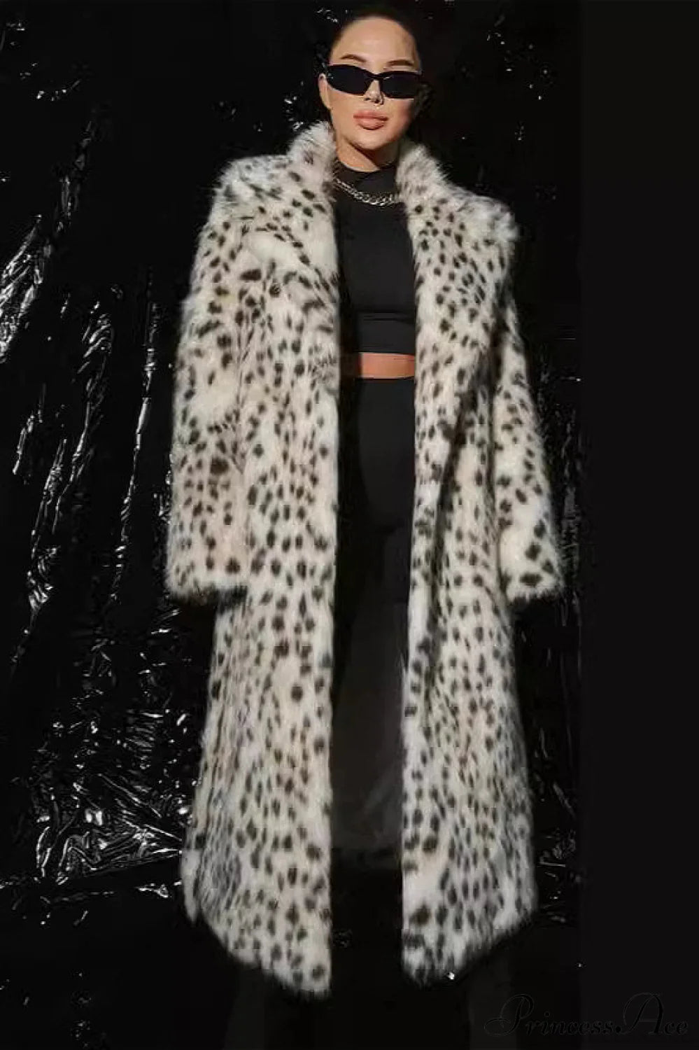 Faux Fox Fur Leopard Print Long Lapel Overcoat