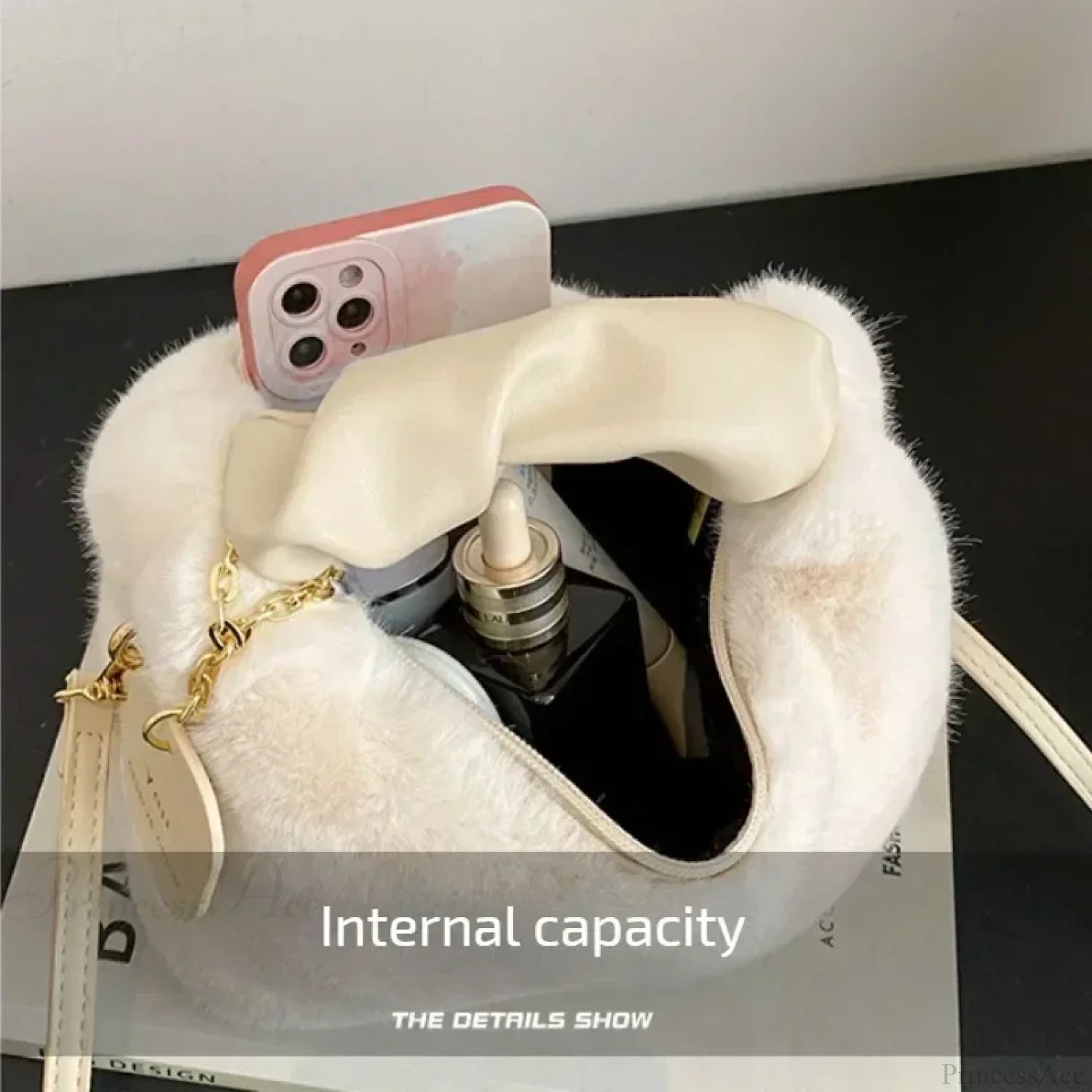 Faux Fur Plush Ruched Handle Crossbody Handbag handbag-250126