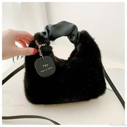 Faux Fur Plush Ruched Handle Crossbody Handbag Black handbag-250126