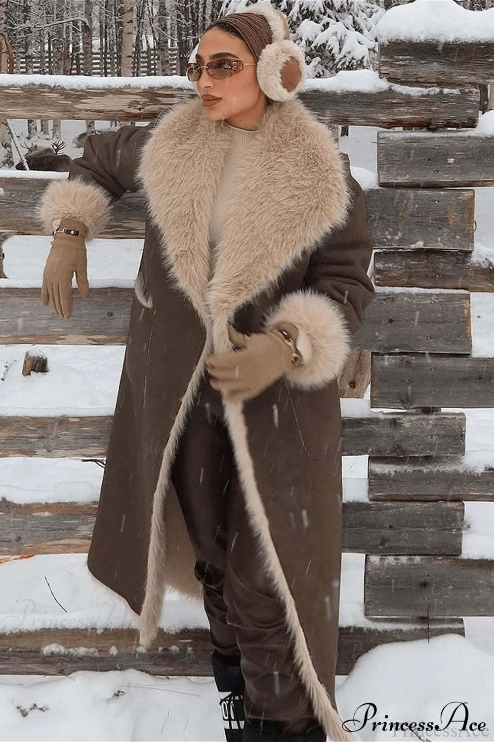 Faux Fur Reversible Long Collared Overcoat Brown / S