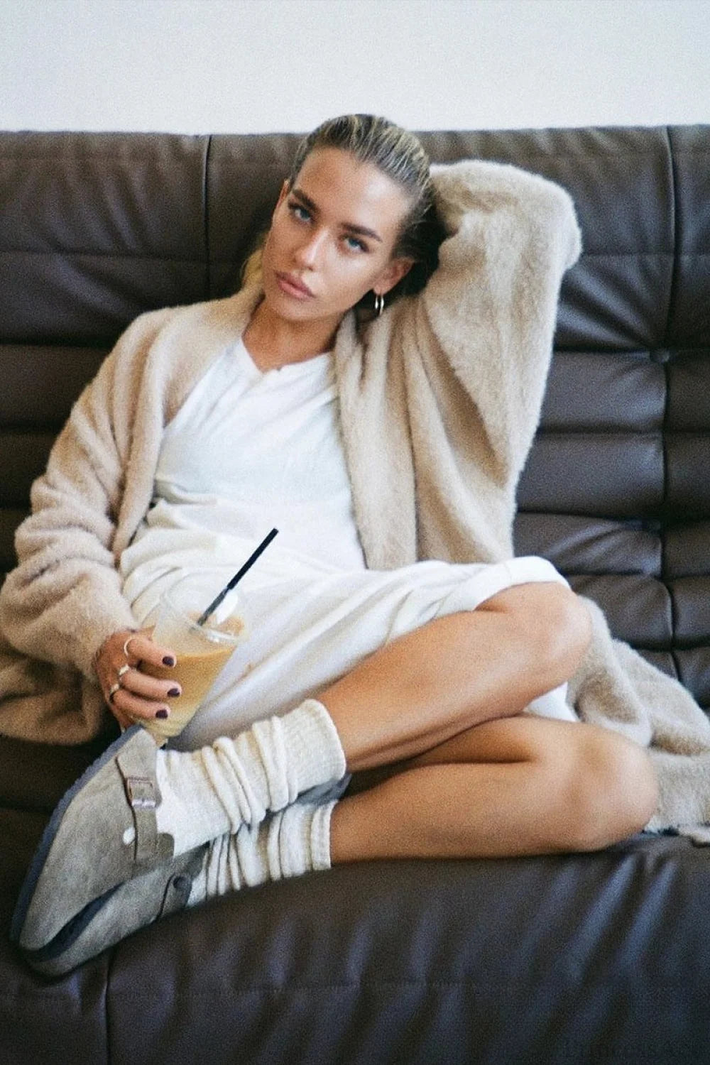 Faux Mink Fur Knit Plush Relaxed Longline Overcoat Apricot / S