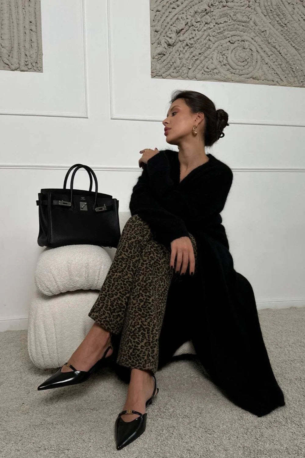 Faux Mink Fur Knit Plush Relaxed Longline Overcoat Black / S