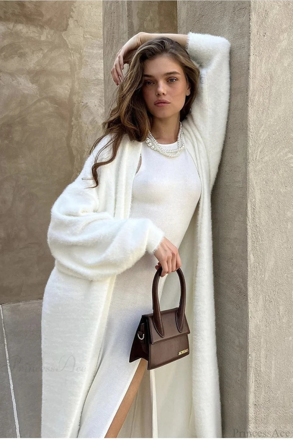 Faux Mink Fur Knit Plush Relaxed Longline Overcoat White / S