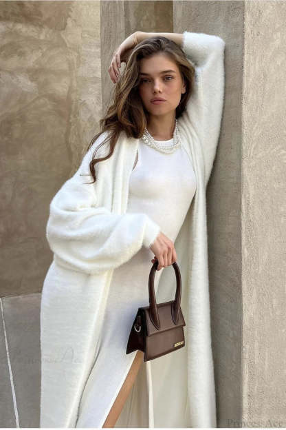 Faux Mink Fur Knit Plush Relaxed Longline Overcoat White / S