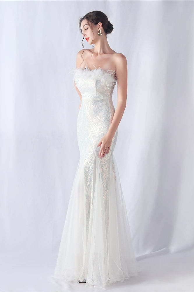 Ostrich Feather Sequin Evening Party Dress